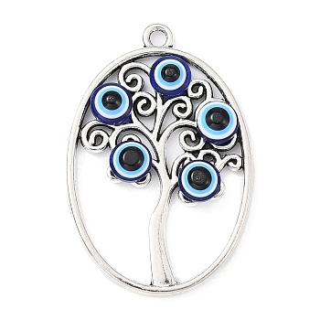 Tibetan Style Alloy Pendants, Tree of Life with Resin Evil Eye Charms, Antique Silver, Oval, 40x27x4mm, Hole: 2.5mm