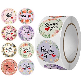 Self-Adhesive Paper Thank You Roll Stickers, Round Dot Gift Tag Sticker, for Party Presents Decoration, Wreath Pattern, Word, 25mm, 500pcs/roll