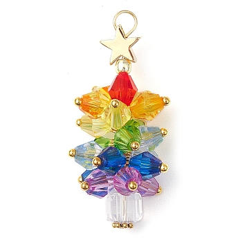 Glass Beads Pendants, with Golden Brass Beads & Loop, Christmas Tree with Star, Colorful, 42x17.5mm, Hole: 3.6mm