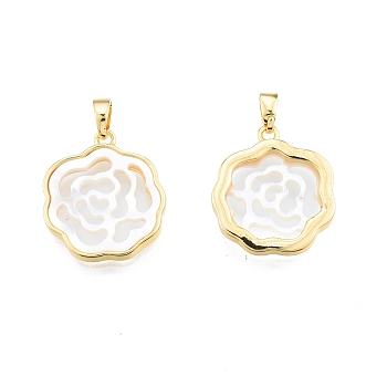Natural Shell Pendants, with Golden Plated Brass Findings, Flower Charm, Real 18K Gold Plated, 20x17x2mm, Hole: 4.5x3mm