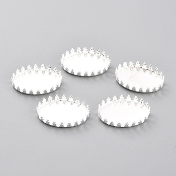 304 Stainless Steel Cabochon Settings, Lace Edge Bezel Cups, Flat Round, Silver, 26x19x4mm Tray: 25x18mm