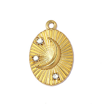 304 Stainless Steel Pendants, Oval with Moon Pattern Charms, with Rhinestone, Ion Plating(IP), Mirror Polished Finish, Real 18K Gold Plated, 23x15mm, Hole: 1.8mm