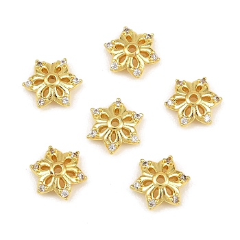 Brass Micro Pave Cubic Zirconia Bead Caps, Flower, Rack Plating, Long-Lasting Plated, Lead Free & Cadmium Free, Golden, 8x8x2.5mm, Hole: 1mm