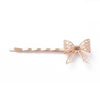 Iron Hair Bobby Pins, with Brass Findings, Bowknot, Long-Lasting Plated, Light Gold, 62x11mm, Bowknot: 20x20mm