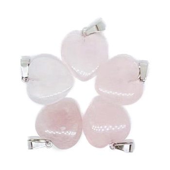 Valentine's Day Natural Rose Quartz Pendants, Heart Charms with Platinum Plated Metal Snap on Bails, 20mm