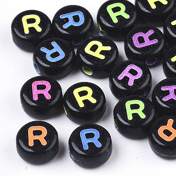 Opaque Black Acrylic Beads, Horizontal Hole, Flat Round with Mixed Color Letter, Letter.R, 7x4mm, Hole: 1.6mm, about 3312pcs/460g