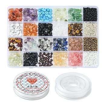 DIY Gemstone Stretch Bracelet Making Kit, Including Natural & Synthetic Mixed Stone Chips & Glass Seed Beads, Elastic Thread, Beads: 0.8~8x0.8~8mm, Hole: 0.8~1mm, 188g/box