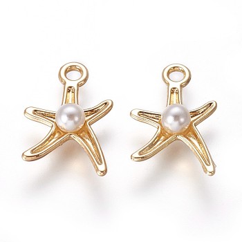 Alloy Pendants, with Acrylic Imitation Pearl, Starfish/Sea Stars, Golden, 17x11.5x4.5mm, Hole: 2mm