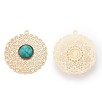 Brass Pendants, with Synthetic Turquoise, Flat Round, Light Gold, 33.5x30.5x5.5mm, Hole: 1.5mm
