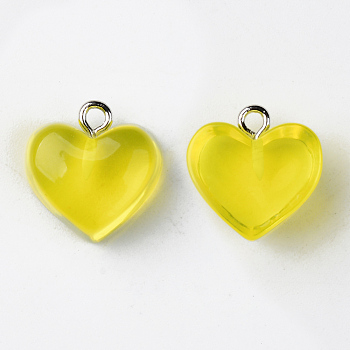 Transparent Resin Pendants, with Platinum Tone Iron Loop, Heart, Yellow, 16.5x17x9.5mm, Hole: 1.8mm