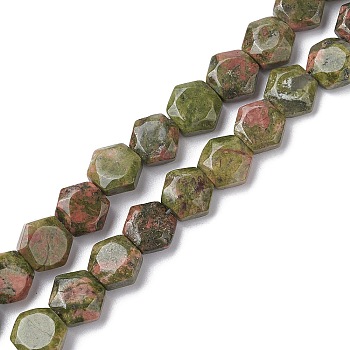 Natural Unakite Beads Strands, Faceted Hexagonal Cut, Hexagon, 8~8.5x9~9.5x4~4.5mm, Hole: 1mm, about 25pcs/strand, 8.11''(20.6cm)