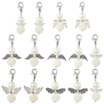14Pcs 7 Styles ABS Plastic Imitation Pearl Pendant Decorations, Angel, with Alloy Lobster Claw Clasps, Silver, 35~37mm, 2pcs/style