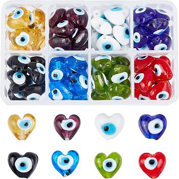 Handmade Evil Eye Lampwork Beads, Heart, Mixed Color, 13~15x15x9mm, Hole: 2mm, 8 colors, 8pcs/color, 64pcs/box