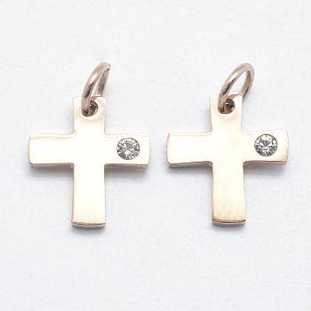 316 Surgical Stainless Steel Tiny Cross Charms, with Cubic Zirconia, Long-Lasting Plated, Clear, Real Rose Gold Plated, 12x11x2mm, Hole: 3mm