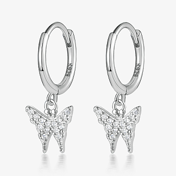 Rhodium Plated 925 Sterling Silver Micro Pave Cubic Zirconia Dangle Hoop Earrings, Butterfly, with S925 Stamp, Platinum, 20x8mm
