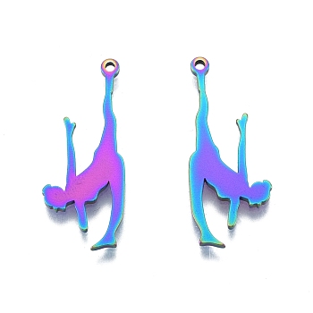 Ion Plating(IP) 201 Stainless Steel Pendants,  Dancer, Rainbow Color, 32.5x13x1.5mm, Hole: 1.5mm