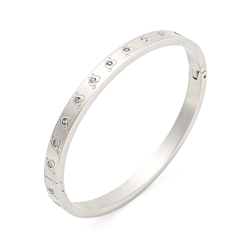 304 Stainless Steel Bangle with Rhinestone, Heart, Stainless Steel Color, Inner Diameter: 2-1/8x1-3/4 inch(5.3x4.45cm)