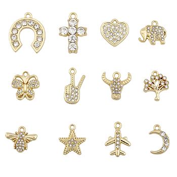 48Pcs 12 Styles Rack Plating Alloy Pendants, with Crystal Rhinestone, Cross & Bee & Heart & Guitar & Tree Charms, Light Gold, 12.5~21x10~18.5x2~4.5mm, Hole: 1.2~2mm, 4Pcs/style