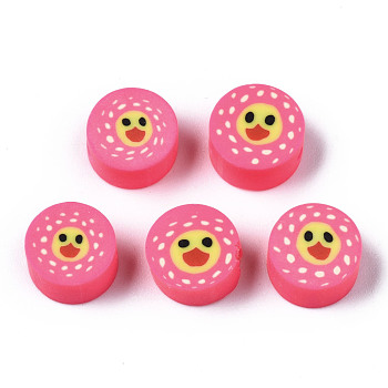 Handmade Polymer Clay Beads, for DIY Jewelry Crafts Supplies, Flat Round with Duck, Hot Pink, 8.5~9.5x4~5mm, Hole: 1.6mm