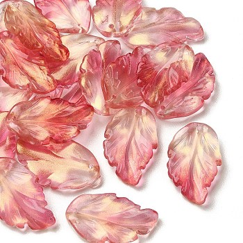 10Pcs Handmade Transparent Czech Lampwork Pendants, with Gold Foil
, Leaf Charms, Cerise, 28x17x3.5mm, Hole: 1.2mm