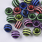 Spray Painted Stripe Opaque Acrylic European Beads, Large Hole Beads, Rondelle, Mixed Color, 9.5x7.5mm, Hole: 4.5mm, about 1500pcs/bag(SACR-S303-002A-01)