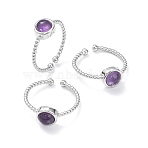 Natural Amethyst Cuff Rings, Rack Plating Brass Open Rings for Women, Platinum, 1.5~2.5mm, Inner Diameter: 18mm(RJEW-E074-01P-03)