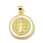 Rack Plating Brass Pave Nature Shell Religion Pendants, Flat Round Charms, Real 18K Gold Plated, Long-Lasting Plated, Lead Free & Cadmium Free, Saint Benedict Medal Cross, 22.5x20x3mm, Hole: 4x3mm(X-KK-C074-31G-01)