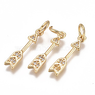 20Pcs Brass Micro Pave Cubic Zirconia Pendants, with Jump Ring, Long-Lasting Plated, Arrow, Clear, Real 18K Gold Plated, 17x3x1mm, Hole: 3mm(ZIRC-SZ0001-90)