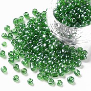 Glass Seed Beads, Trans. Colours Lustered, Round, Dark Green, 4mm, Hole: 1.5mm, about 500pcs/50g, 50g/bag, 18bags/2pounds(SEED-US0003-4mm-107B)
