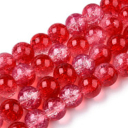 Transparent Crackle Baking Painted Glass Beads Strands, Imitation Opalite, Round, Crimson, 8.5x7.5mm, Hole: 1.5mm, about 107~109pcs/strand, 30.71 inch~31.30 inch(78~79.5cm)(X1-DGLA-T003-01A-08)