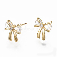 Brass Stud Earrings, with Clear Cubic Zirconia, Nickel Free, Bowknot, Real 18K Gold Plated, 9.5x9.5mm, Pin: 0.7mm(KK-T062-44G-NF)