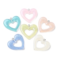 Translucent Resin Hollow Pendants, Glitter Heart Charms with Platinum Plated Iron Loops, Mixed Color, 27x30x5mm, Hole: 1.8mm(RESI-A025-10)