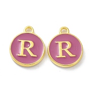 Golden Plated Alloy Enamel Charms, Cadmium Free & Lead Free, Enamelled Sequins, Flamingo, Flat Round with Letter, Letter.R, 14x12x2mm, Hole: 1.4mm(ENAM-XCP0001-13R)