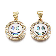 Brass Micro Pave Clear Cubic Zirconia Pendants, with Shell, Nickel Free, Flat Round with Smiling Face, Real 16K Gold Plated, 15.5x14x3mm, Hole: 3.5x4mm(X-KK-Q769-024-NF)