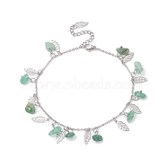 Natural Green Aventurine Chips & Leaf Charms Anklet, 304 Stainless Steel Jewelry for Women, 9~9-1/8 inch(22.8~23cm)(AJEW-AN00512-05)