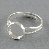 Adjustable Brass Pad Ring Settings, Flat Round, Silver Color Plated, 17mm, flat round: 13mm, Tray: 12mm(MAK-S016-12mm-JN001S)