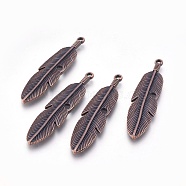 Tibetan Style Alloy Feather Big Pendants, Cadmium Free & Nickel Free & Lead Free, Red Copper, 61x15x3mm, Hole: 2mm(TIBEP-A12720-R-NR)