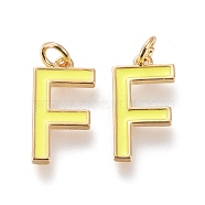 Brass Enamel Pendants, with Jump Ring, Long-Lasting Plated, Real 18K Gold Plated, Letter.F, Champagne Yellow, Letter.F, F: 18x9.5x1.8mm, Jump Rings: Inner Diameter: 3mm(KK-R139-02F)