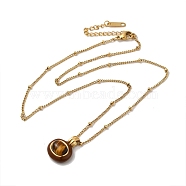 Natural Tiger Eye Enamel Oval Pendant Necklace, with Real 18K Gold Plated Titanium Steel Satellite Chains, 16.54 inch(42cm)(NJEW-D054-06A-G)