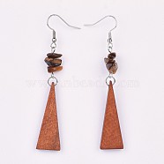 Pear Wood Dangle Earring, with Natural Tiger Eye Chip Beads and Brass Earring Hooks, Triangle, Platinum, 78mm, Pin: 0.7mm(EJEW-JE03156-02)