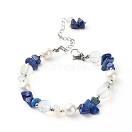 Natural Lapis Lazuli(Dyed) Chip Beaded Bracelet for Girl Women, Round Shell Pearl & Opalite Chip & Synthetic Moonstone Beads Bracelet, 7-1/4 inch(18.3cm)(BJEW-TA00019-04)