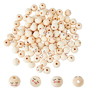 100Pcs Natural Wood European Beads, Smiling Face Print Large Hole Beads, Round, Old Lace, 15~16mm, Hole: 4mm(WOOD-DC0001-09)