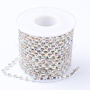 Brass Rhinestone Strass Chains, with Spool, Rhinestone Cup Chains, Silver Color Plated, Crystal AB, 2.3~2.4mm, about 10yards/roll(CHC-T002-SS8-02S)