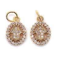 Brass Micro Pave Clear Cubic Zirconia Charms, Long-Lasting Plated, with Jump Ring, Oval with Hamsa Hand, Golden, 12x8.5x2mm, Jump Ring: 5x1mm, 3mm Inner Diameter(ZIRC-C020-72G)
