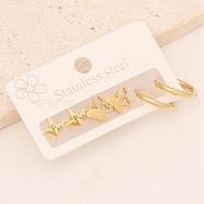 3 Pairs 3 Style 304 Stainless Steel Hoop Earrings, Stud Earrings, Butterfly & Ring & Heart Beat, Golden, 60x40mm, 1 Pair/style(PW-WG36714-01)
