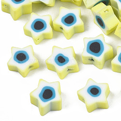 Handmade Polymer Clay Beads, Star with Evil Eye, Yellow, 9x9x3.5~4.5mm, Hole: 1.4mm(CLAY-T019-09C)