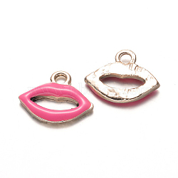 Nickel Free & Lead Free Light Gold Plated Lip Alloy Enamel Charms, Makeup Charms, Long-Lasting Plated, Hot Pink, 14x16x2mm, Hole: 2mm(ENAM-J298-01G-FF)