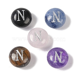 Natural Mixed Gemstone Beads, Flat Round with Letter, Letter N, 8.5~9x5~5.5mm, Hole: 1.2mm(G-L524-20N)