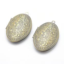 Brass Locket Pendants, Photo Frame Charms for Necklaces, Cadmium Free & Nickel Free & Lead Free, Oval, Brushed Antique Bronze, 42x27x9mm, Hole: 2mm, Inner Size: 18x28mm(KK-F717-28AB-NR)