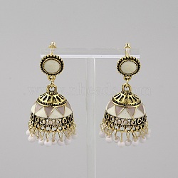 Ethnic Style 3D Enamel Bell with Seed Beeded Dangle Stud Earrings, Golden Alloy Long Drop Earring for Women, White, 50mm, Pin: 0.7mm(EJEW-WH0047-33C)